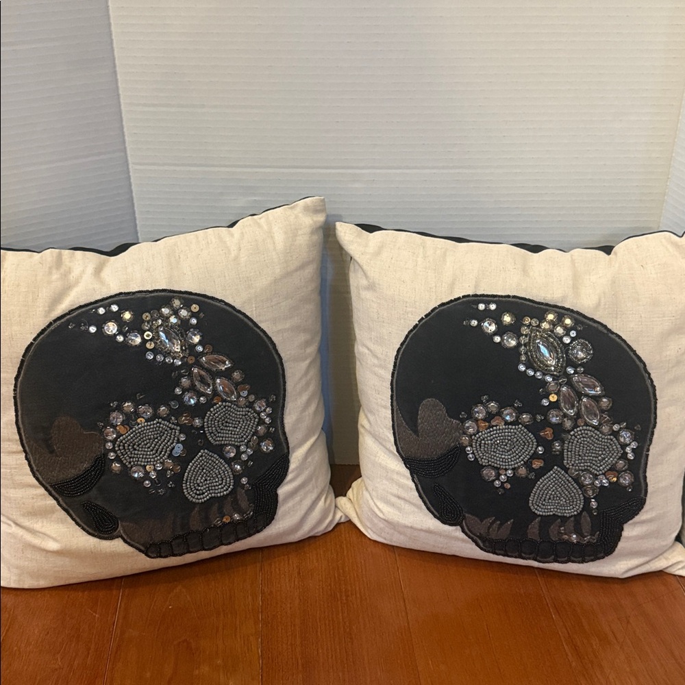 Pair of Pier 1 One Skull Embellished bedazzled goth Throw Pillows 14x14”